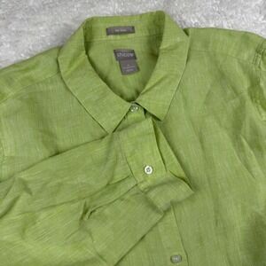 Chico's Button Up Shirt Women 4 Lime Green 100% Linen No Iron Long Sleeve 20/22